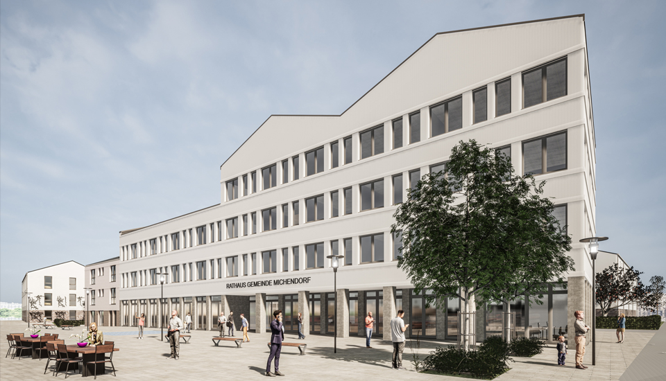 Das moderne Rathaus wird die neue Ortsmitte Michendorf wesentlich prägen.<br>Bild: Papenburg AG