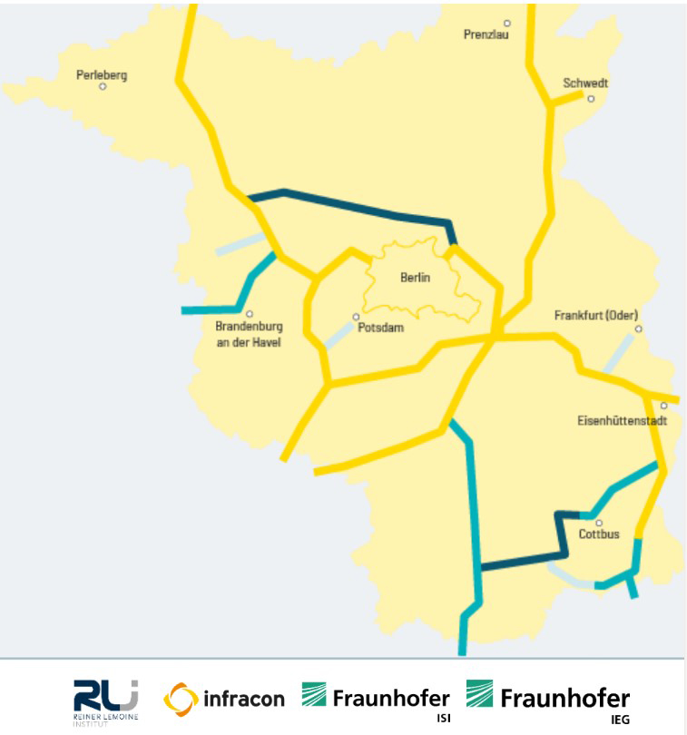 So könnte sich das Wasserstofftransportnetz für Brandenburg in den nächsten 20 Jahren entwickeln.<br />Grafik: Fraunhofer IEG
