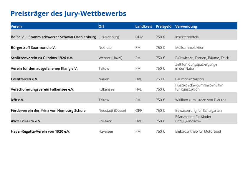 Diese Vereine hat die Jury beim Sponsoring-Wettbewerb EMB VereinsEnergie 2023 mit einem Preisgeld in Höhe von je 750 Euro bedacht.